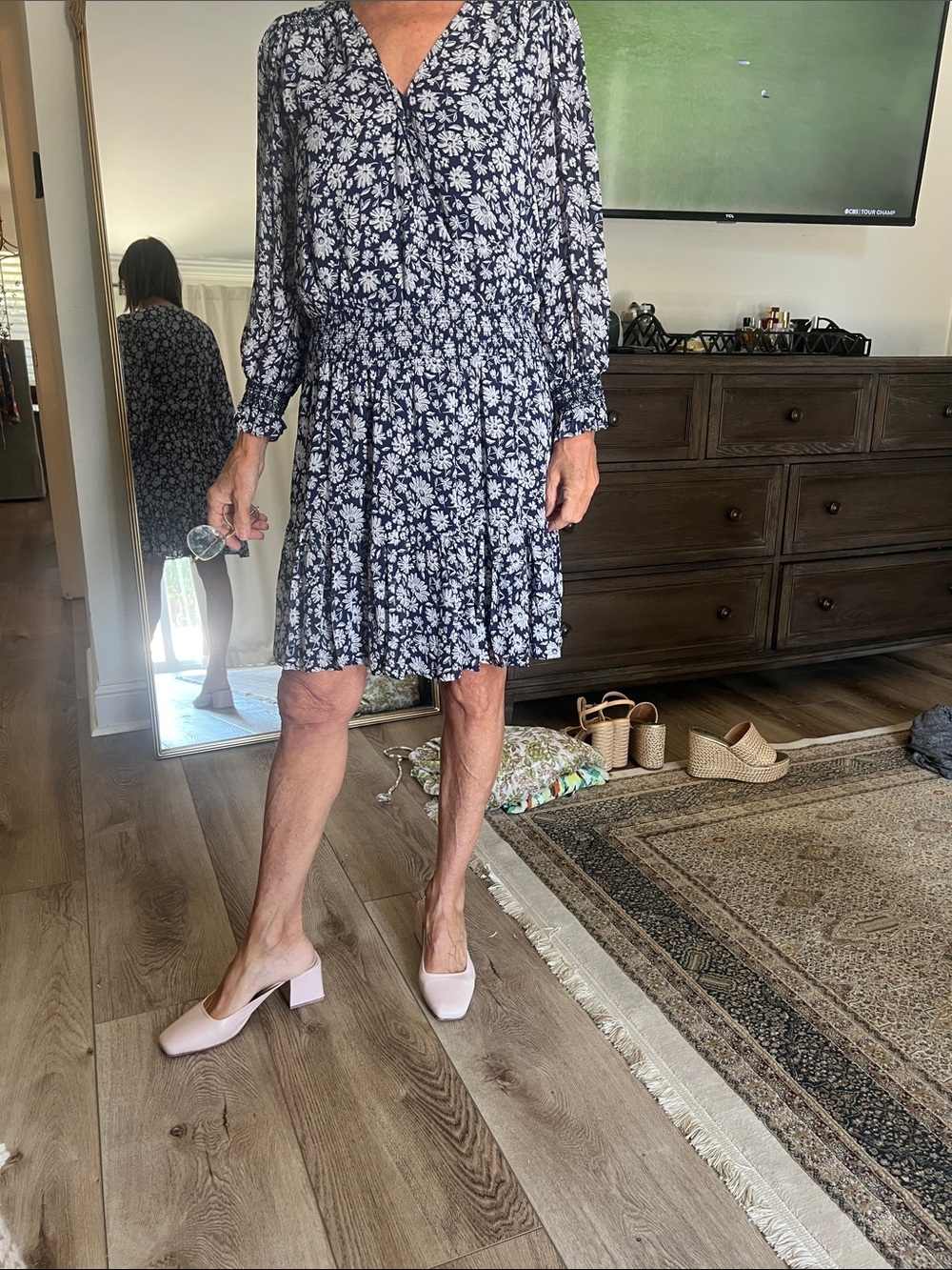 Vineyard Vines Navy and White Floral Long-Sleeve Tiered Dress